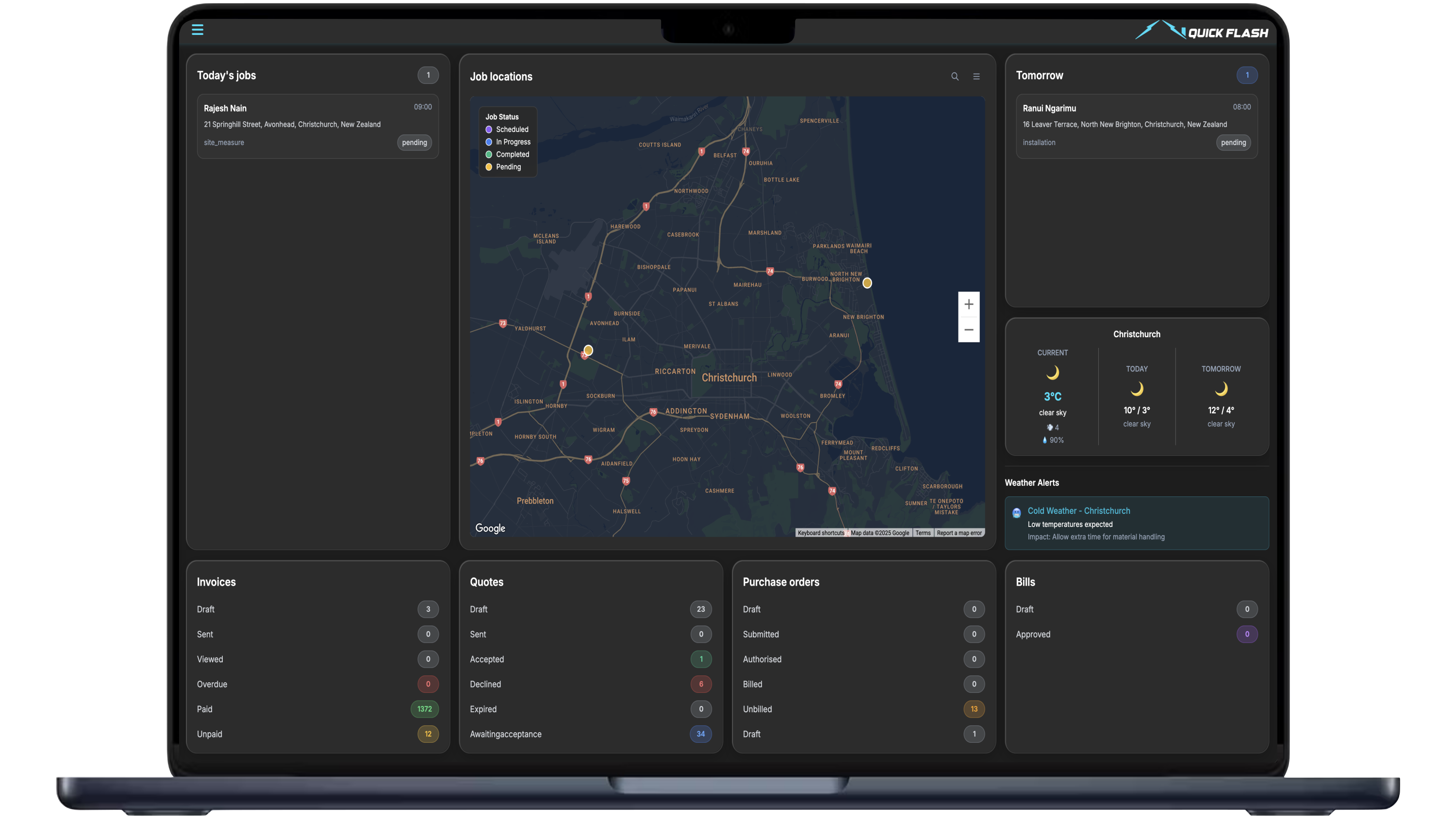Quick Flash dashboard for roofing job management