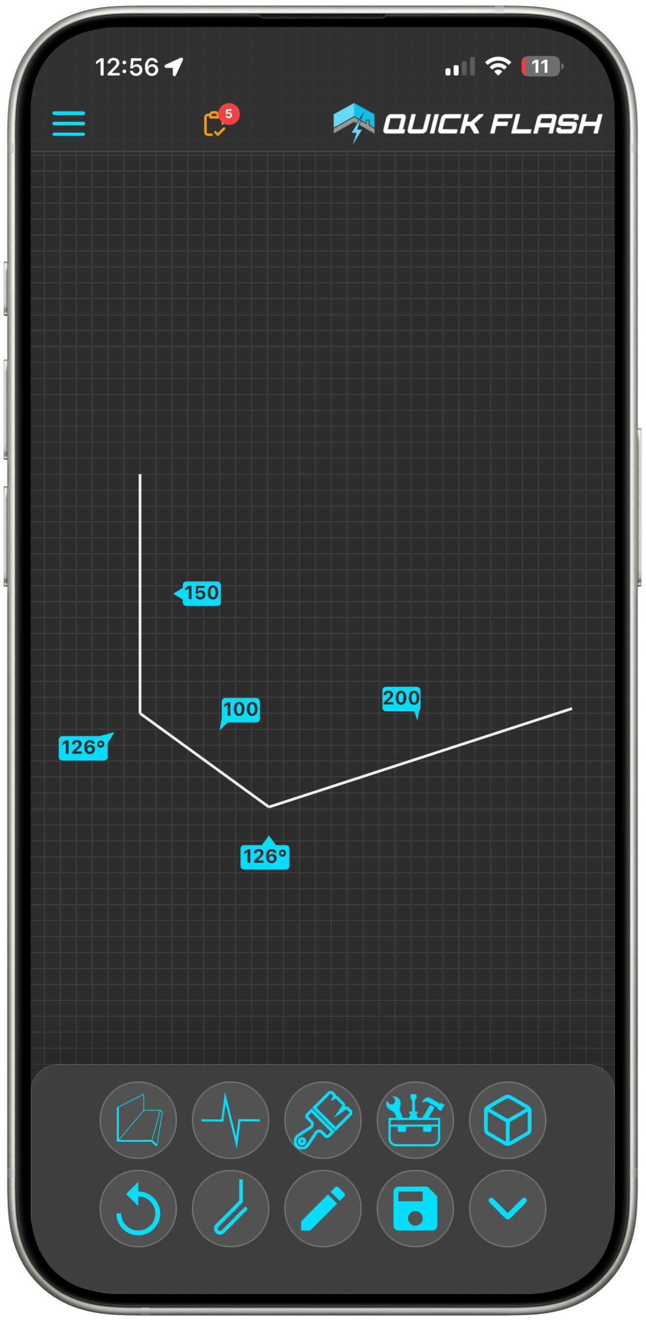 Quick Flash Flashing Designer editing flashing line lengths and bend angles on iPhone