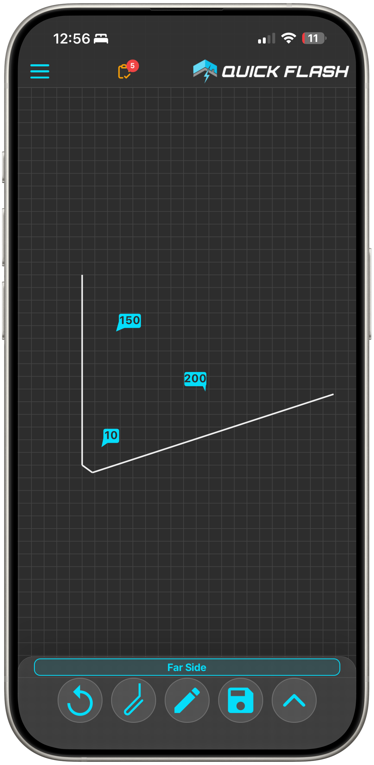 Quick Flash Flashing Designer taper far-side lengths on iPhone