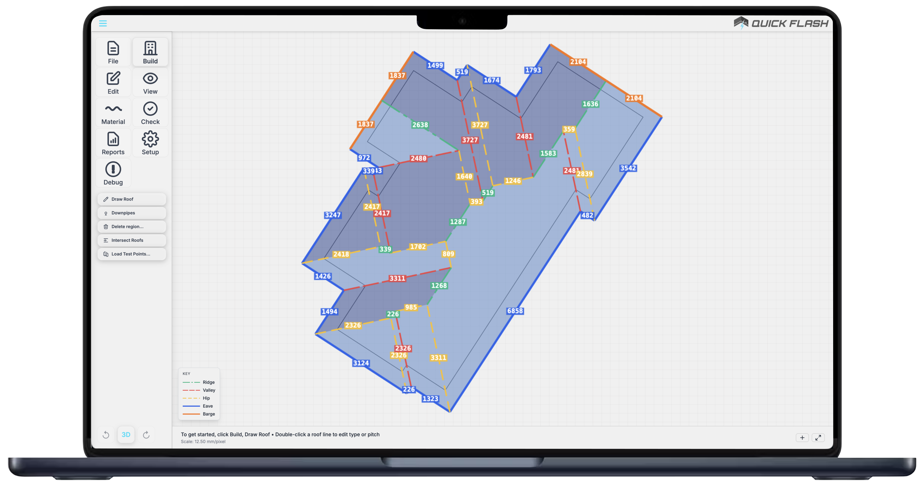 Quick Flash Roof Designer 2D CAD model with coloured eaves, hips, valleys, and ridges