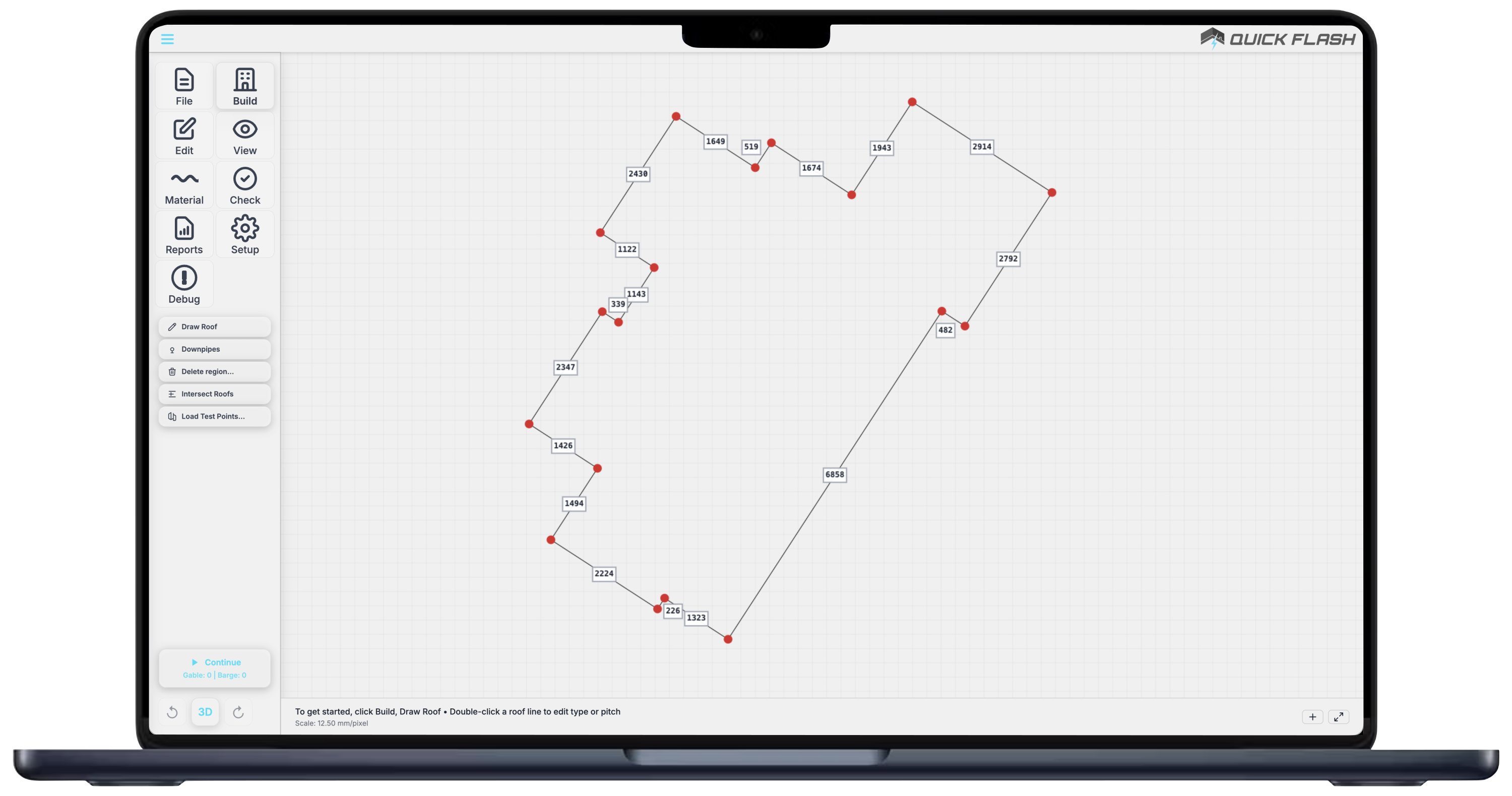 Quick Flash Roof Designer tracing a roof outline on plan with length labels